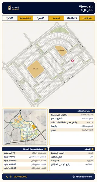 أرض - تم التخصيص 400 م² عمارة سكني — مدينة العبور الجديدة، الحي الثامن، مجاورة 7 — صورة العرض — 2