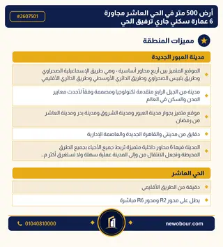 أرض - تم التخصيص 500 م² عمارة سكني — مدينة العبور الجديدة، الحي العاشر، مجاورة 6 — مميزات المنطقة — 3