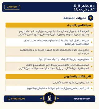 أرض - تم التخصيص 209 م² عمارة سكني — مدينة العبور الجديدة، الحي الثالث والعشرون، مجاورة 6 — مميزات المنطقة — 2