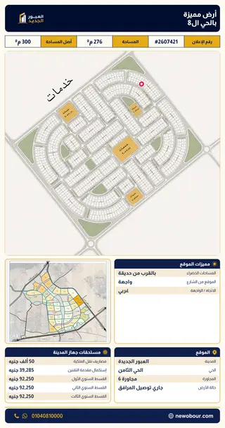 أرض - تم التخصيص 276 م² عمارة سكني — مدينة العبور الجديدة، الحي الثامن، مجاورة 6 — صورة العرض — 2