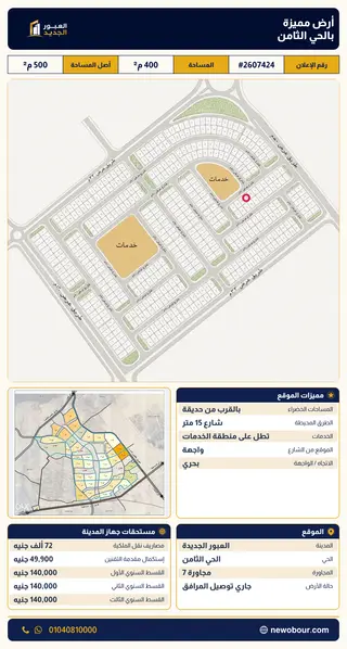 أرض - تم التخصيص 400 م² عمارة سكني — مدينة العبور الجديدة، الحي الثامن، مجاورة 7 — صورة العرض — 2
