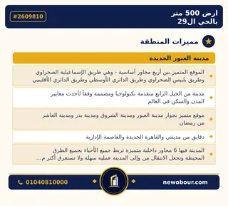 أرض - تم التخصيص 500 م² عمارة سكني — مدينة العبور الجديدة، الحي التاسع والعشرون، مجاورة 2 — مميزات المنطقة — 3