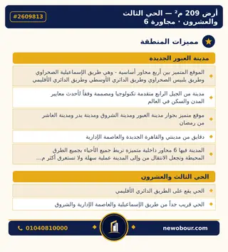 أرض - تم التخصيص 209 م² عمارة سكني — مدينة العبور الجديدة، الحي الثالث والعشرون، مجاورة 6 — مميزات المنطقة — 4