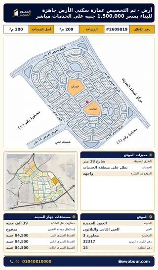 أرض - تم التخصيص 209 م² عمارة سكني — مدينة العبور الجديدة، الحي الثاني والثلاثون، مجاورة 3 — صورة العرض — 2