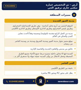 أرض - تم التخصيص 450 م² عمارة سكني — مدينة العبور الجديدة، الحي العاشر، مجاورة 1 — مميزات المنطقة — 4