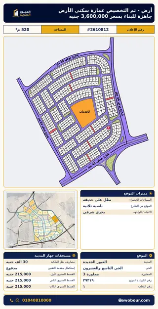أرض - تم التخصيص 520 م² عمارة سكني — مدينة العبور الجديدة، الحي التاسع والعشرون، مجاورة 3 — صورة العرض — 2
