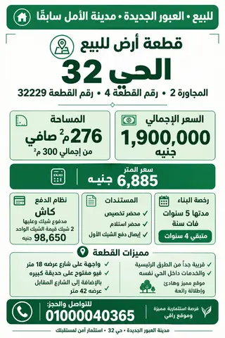أرض - تم التخصيص 276 م² عمارة سكني — مدينة العبور الجديدة، الحي الثاني والثلاثون، مجاورة 2 — 3