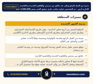 أرض - تم التخصيص 350 م² عمارة سكني — مدينة العبور الجديدة، الحي الثلاثون، مجاورة 4 — مميزات المنطقة — 4