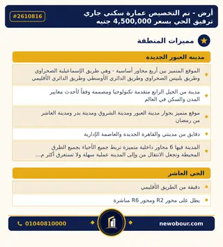 أرض - تم التخصيص 450 م² عمارة سكني — مدينة العبور الجديدة، الحي العاشر، مجاورة 1 — مميزات المنطقة — 4