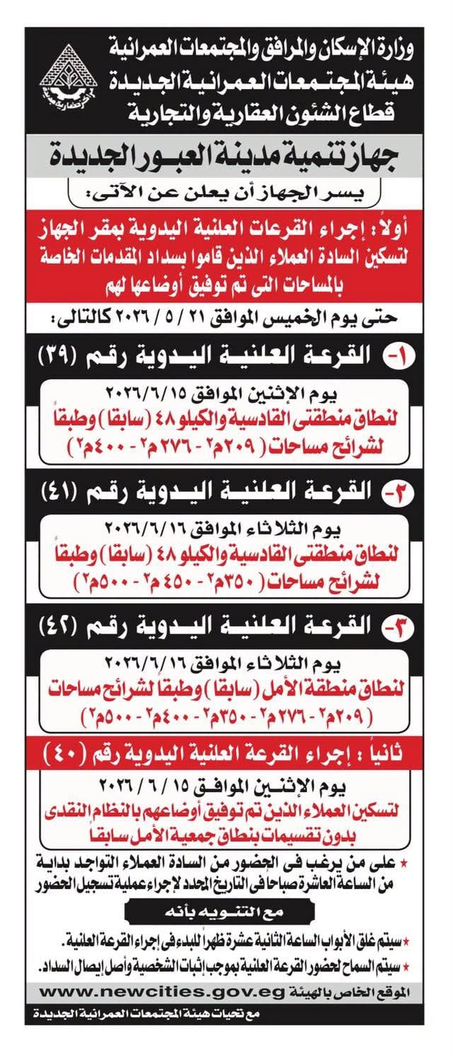 مواعيد 4 قرعات علنية (39–42) للأراضي التي تم توفيق أوضاعها يومي 15 و16 يونيو — صورة 2