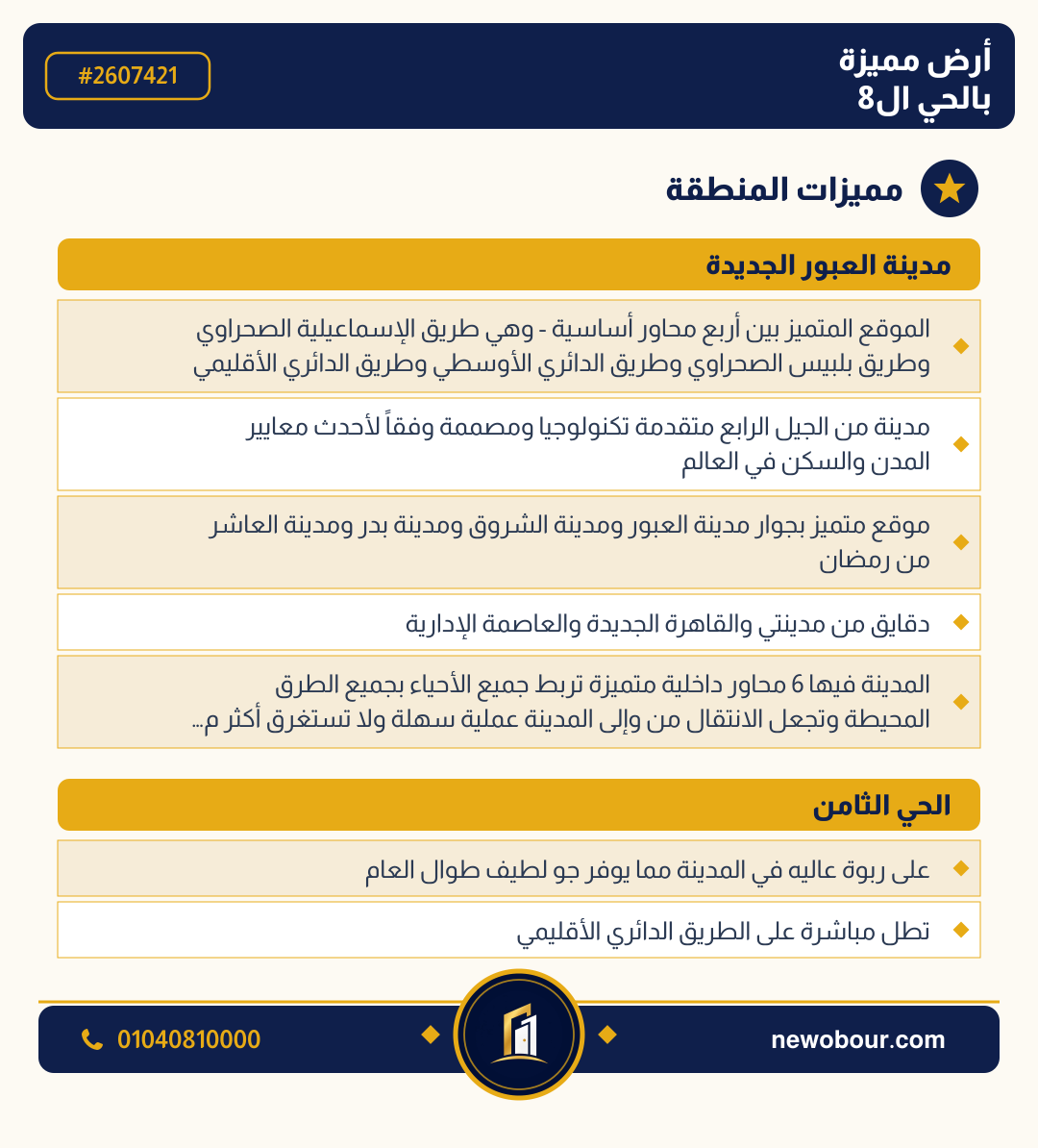 أرض - تم التخصيص عمارة سكني — مدينة العبور الجديدة، الحي الثامن، مجاورة 6 — مميزات المنطقة — 3