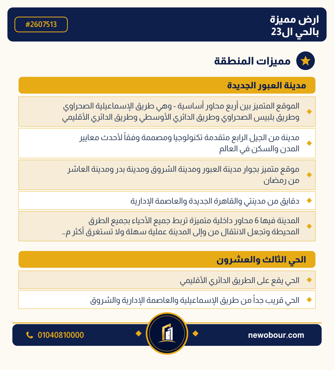 أرض - تم التخصيص عمارة سكني — مدينة العبور الجديدة، الحي الثالث والعشرون، مجاورة 5 — مميزات المنطقة — 3