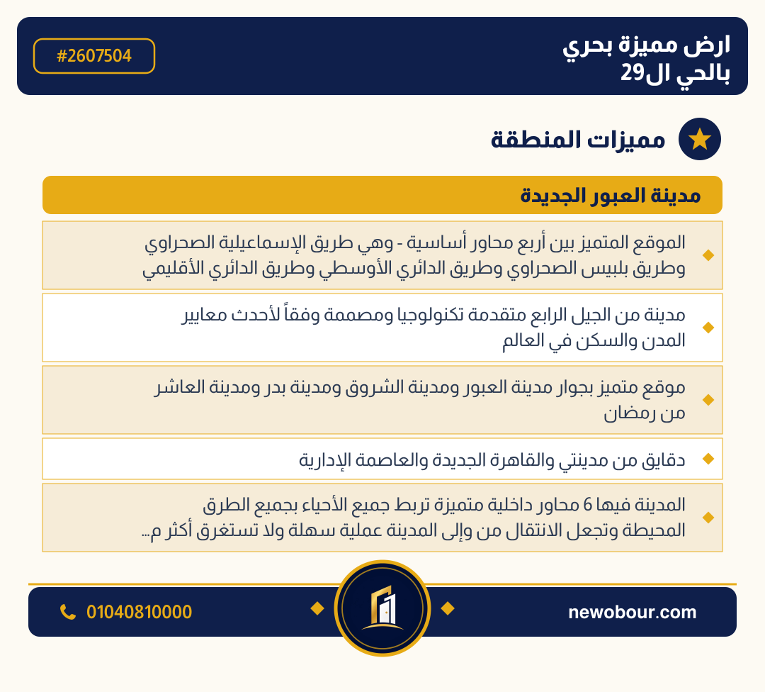 أرض - تم التخصيص عمارة سكني — مدينة العبور الجديدة، الحي التاسع والعشرون، مجاورة 4 — مميزات المنطقة — 3